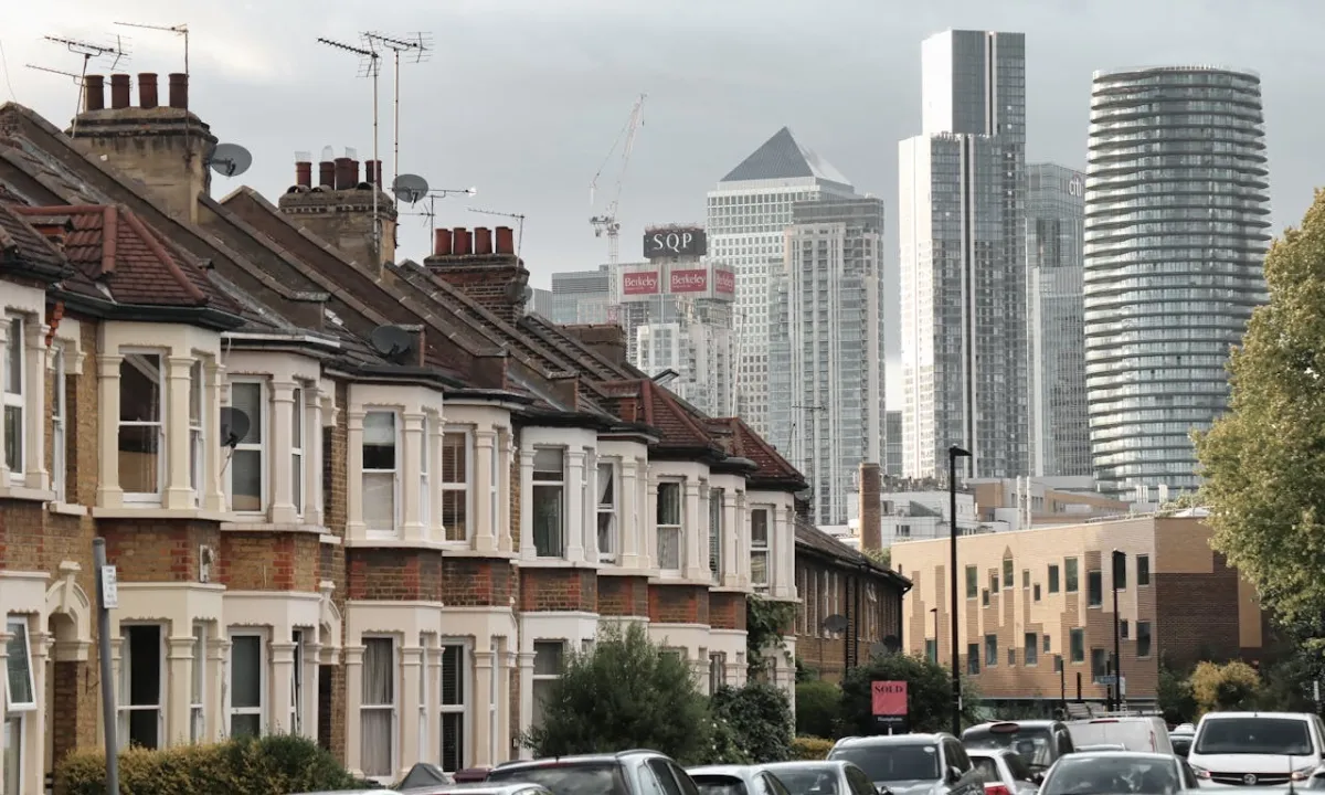 Residential london houses against canary whaft backdrop